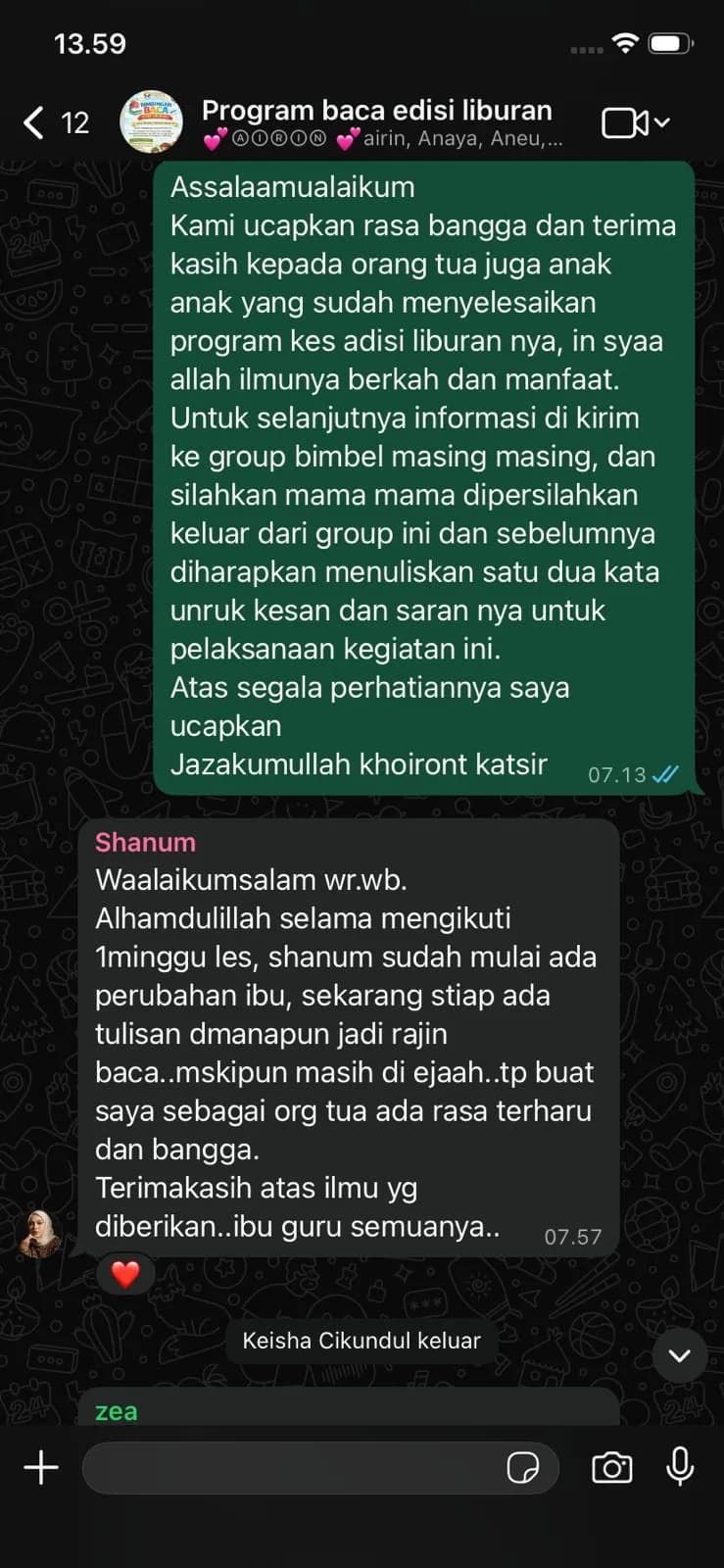 Screenshot testimoni orang tua Shanum