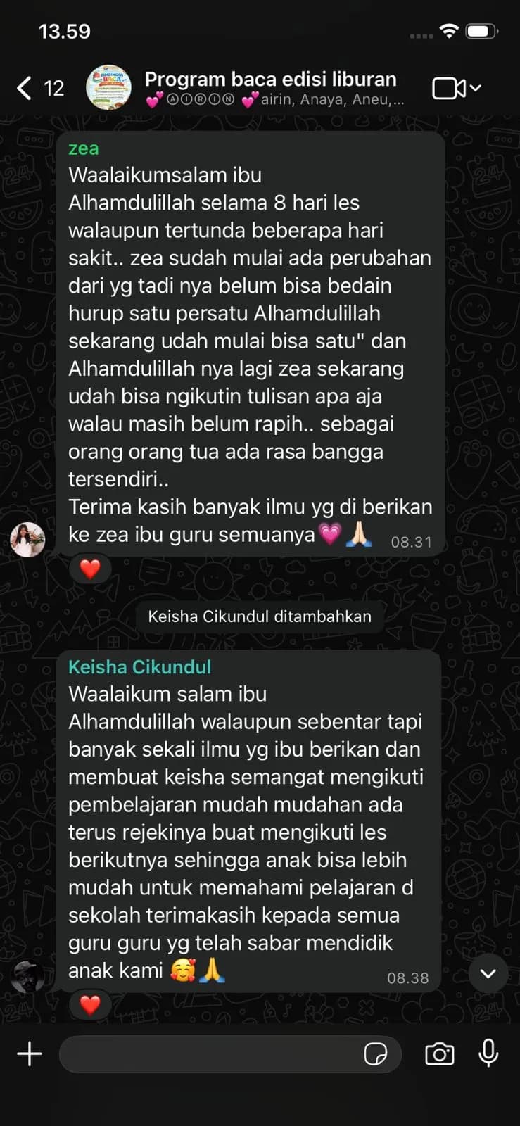 Screenshot testimoni orang tua Zea & Keisha