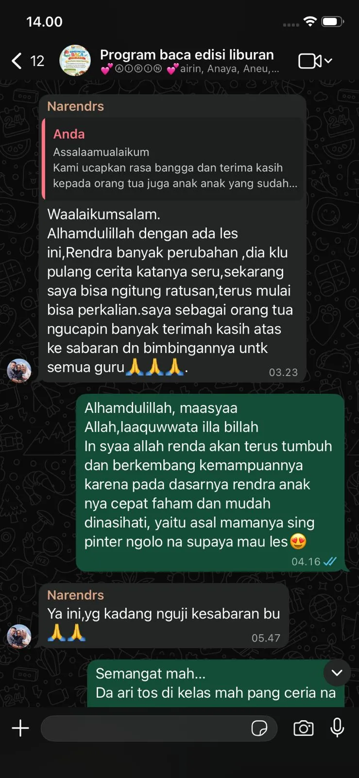 Screenshot testimoni orang tua Rendra